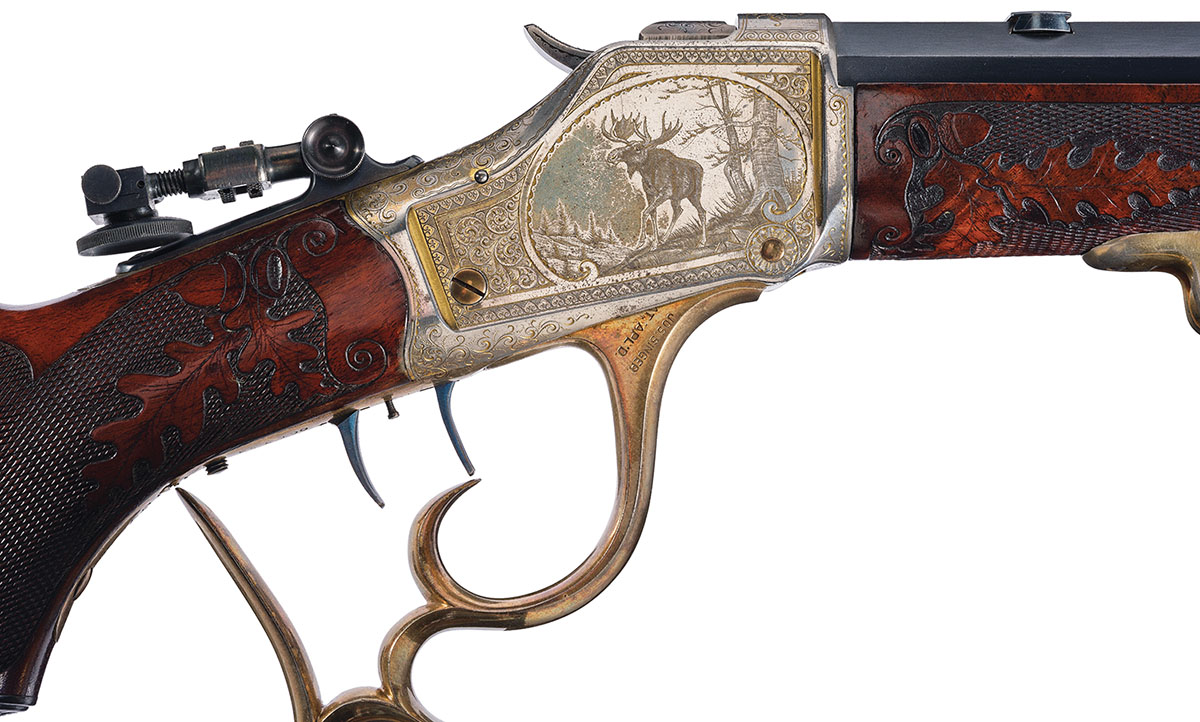 Harry Pope’s 1885 Winchester High Wall, sold by Pope in 1933 along with a shooting box of equipment and accoutrements, as well as full documentation. A gorgeous rifle, and it brought $164,500.